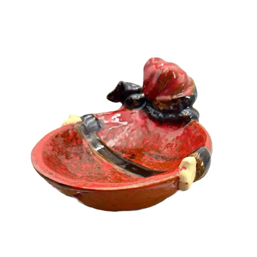 Glazed‎ Pottery Stoneware Snowman Scarf Candy Nut Dish Earthen Ware Winter Red